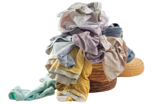 Used clothes in a pile on a laundry basket. Sorting and cleaning second-hand. Preparing for washing. 