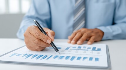 Business professional analyzing financial report with pen and documents on desk in office setting, showcasing statistical data and graphs for decision making