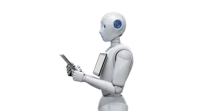 White humanoid robot holding a tablet device, isolated on white or transparent background. PNG