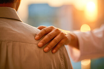 Obraz premium A comforting hand rests gently on a person's shoulder, symbolizing support and connection during a sunset.