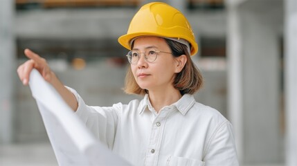 Young female architect wearing a yellow hard hat while pointing at blueprints in a construction site, symbolizing innovation, design, and teamwork in architecture