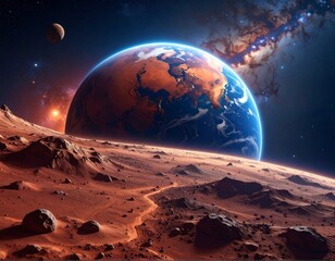 Distant view of planet Earth from a reddish, rocky surface with stars