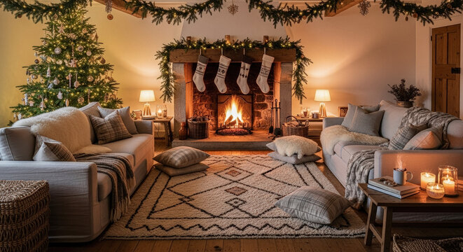 Cozy Christmas living room with fireplace, decorated Christmas tree, and festive garland conveying warm holiday spirit. - Powered by Adobe
