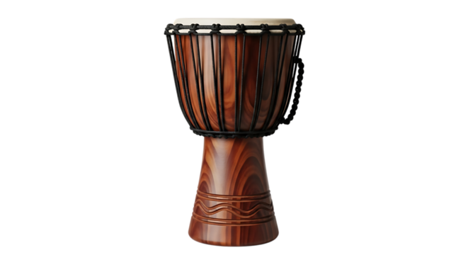 Wooden djembe drum with black rope lacing and carved base, isolated on white or transparent background. PNG