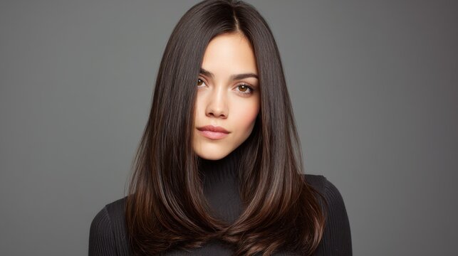 Portrait of a Confident Young Woman with Long, Straight Hair and Natural Makeup Posing Against a Subtle Gray Background for Fashion or Beauty Themes