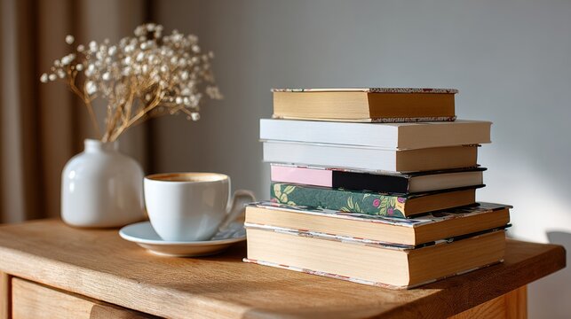 A stack of books sits on a wooden table next to a white cup of coffee. The books are arranged in a neat stack, with some of them being larger than others. The table is surrounded by a vase