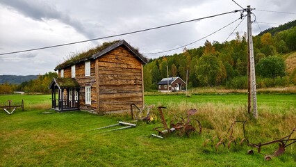 Wooden timbered building with grass roof architecture in Norway