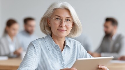 Confident senior woman using tablet device in modern office with colleagues, showcasing technology and teamwork in a professional environment