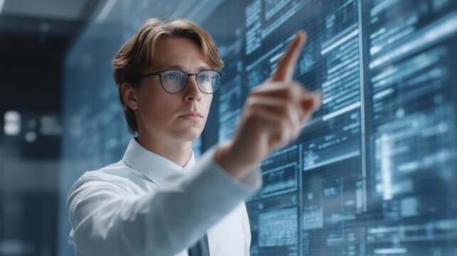 Focused business professional interacting with high-tech digital interface in modern office environment showcasing futuristic technology and data analysis