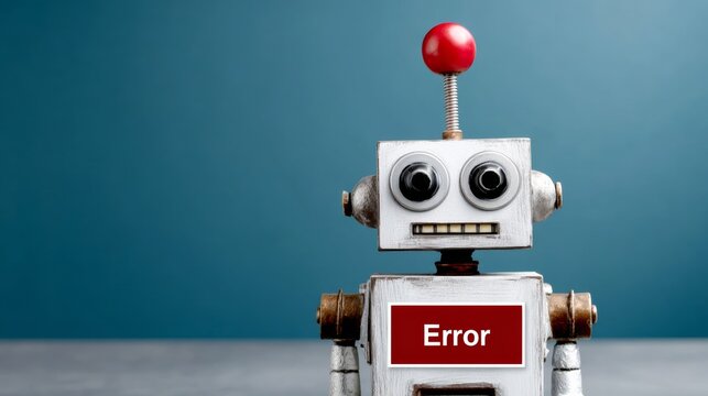 A robot with a red button on its head that says "Error". The robot is standing on a table and he is in a serious or concerned mood