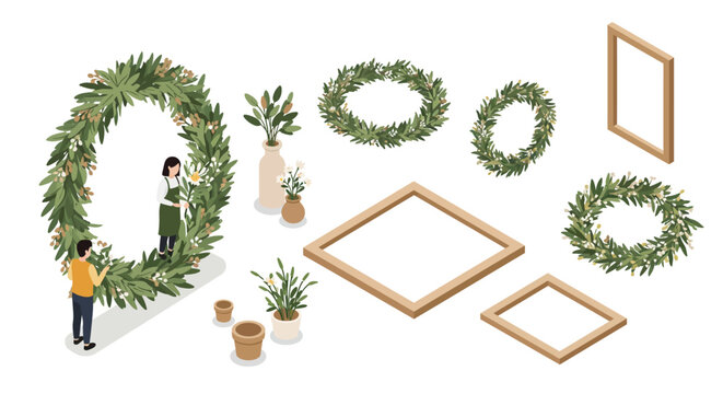 Isometric floral workshop: creating greenery and wooden frames with skill and…