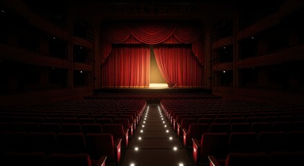 Naklejka premium View of a classic theater stage with red velvet curtains and rows of empty seats, creating a sense of anticipation and grandeur