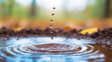 Dirt Rainwater dripping onto dirt, creating ripples in the mud.