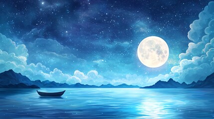 A peaceful boat by the moonlit lake