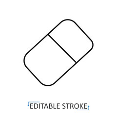 An eraser icon in a minimalist line style with editable stroke. School supply, office stationery, drawing tool, mistake correction, rubber object, writing equipment, art supplies, remove error.