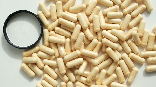 Biologically Active Supplements in Capsules on a White Background in Bright Sunlight. Pill Cap. Rotation. Production, Consumption, and Storage of Alternative Medicine Tablets.