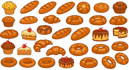 Assorted baked goods collection with muffins, croissants, and cakes in cartoo&hellip;