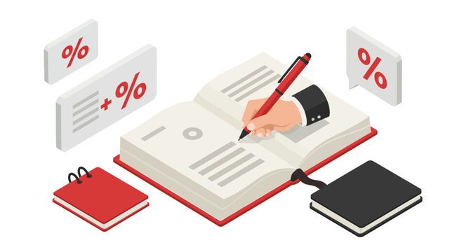Business planning and calculation with red notebooks and handwriting