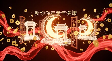 Chinese New Year Celebration with Ornate Golden Elements and Lunar Crescent Moons