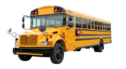 Yellow school bus with stop sign and flashing lights, isolated on white or transparent background. PNG