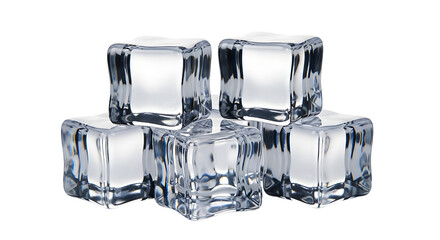 Stack of five clear ice cubes with soft edges, isolated on white or transparent background. PNG