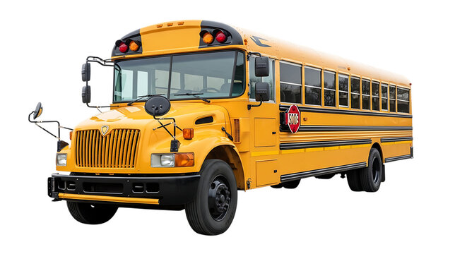 Yellow school bus with stop sign and flashing lights, isolated on white or transparent background. PNG