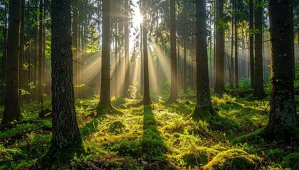 Fototapeta premium Sunlight Beams Through Forest Trees Creating A Magical Atmosphere With Green Mossy Ground And Dust Particles In The Air