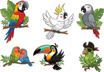 Cartoon exotic bird character set, playful parrot and toucan illustrations, cute wildlife clipart, kids vector design, stylized jungle icons