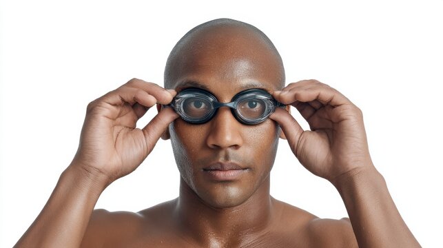 Focused swimmer preparing for race with swimming goggles looking confidently at camera, showcasing determination and athleticism in aquatic environment