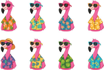 Cartoon flamingo character set, tropical bird illustrations, playful summer clipart, kids vector design, whimsical vacation icons, stylized beach graphics