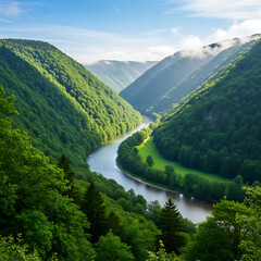 Winding River Through Lush Green Valley with Forested Mountains