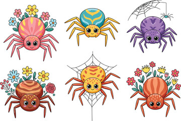Cartoon floral spider character set, cute insect illustrations, playful garden clipart, kids vector design, whimsical bug icons, stylized nature graphics
