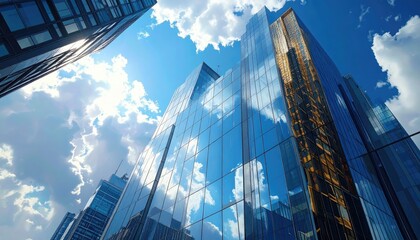 Towering Glass Skyscrapers Reflecting Blue Sky Clouds And Sun In A Modern Urban Cityscape With Geometric Patterns On Facades