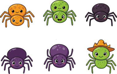 Cartoon friendly spider character set, colorful insect illustrations, playful bug clipart, kids vector design, whimsical nature icons, stylized Halloween graphics
