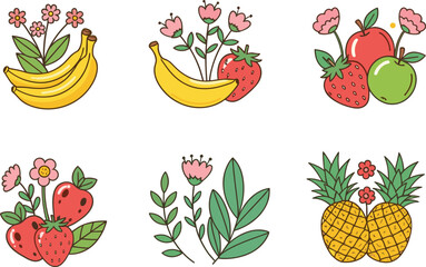 Cartoon fruit and flower composition set, decorative botanical illustrations, playful garden clipart, kids vector design, stylized nature icons, tropical graphics