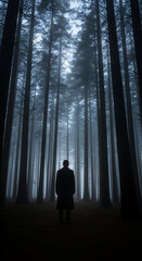 Lone Figure Standing in a Mysterious Foggy Forest of Tall, Dark Trees