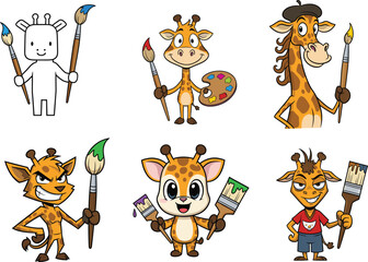 Cartoon giraffe artist illustration set, expressive characters with paintbrushes and creative outfits, varied styles and poses, vector clipart, design asset