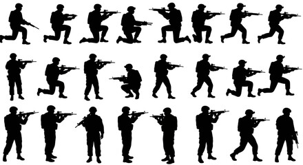 Silhouette soldiers in various poses with rifles for tactical design