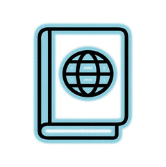 Global knowledge concept with world globe icon on book cover  international education, online learning, and worldwide study — modern minimal neon blue outline design.