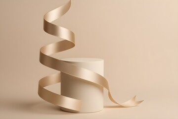 Minimal beige 3D render: a satin ribbon spirals around a cylinder podium. Elegant luxury packaging concept with soft light, modern aesthetic, ideal for product branding and festive promotions.