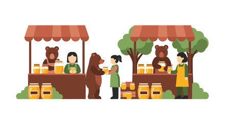 Fototapeta premium Cartoon bears selling delicious honey at outdoor market stalls