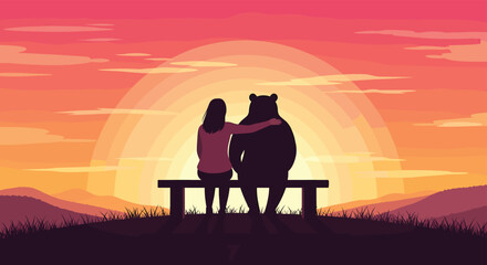 A Person and A Bear Sit On A Bench Watching The Sunset