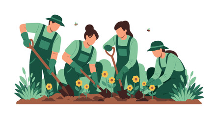 Fototapeta premium Community garden volunteers planting flowers and vegetables together outdoors