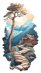 Mountain cabin and stone path