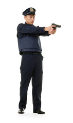 Young policeman in uniform with gun on white background