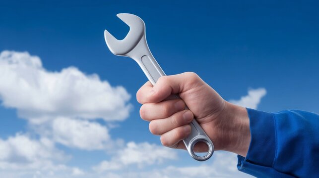 Under a vibrant blue sky dotted with fluffy white clouds, a mechanic with a blue uniform grips a shiny wrench firmly in his hand, ready for a task