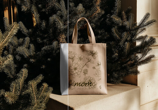 Christmas Tote Bag Mockup With Tree Background