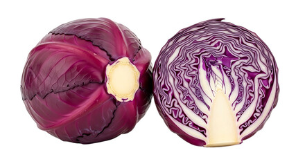 Whole and halved red cabbage vegetable with vibrant purple leaves, isolated on white or transparent background. PNG