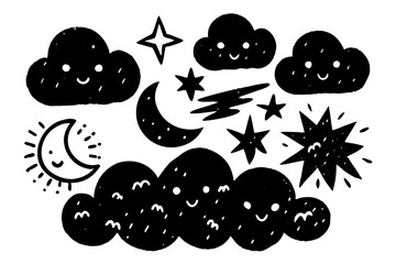 Cute black and white celestial elements with smiling faces