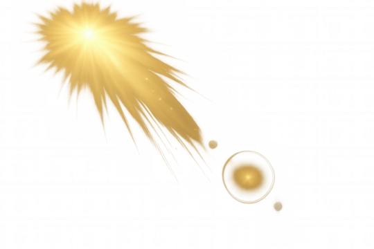 Golden glowing optical flare with starburst light effect and sunbeams against transparent background